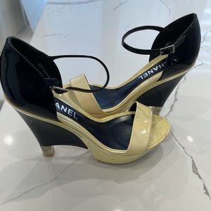 Authentic Chanel Patent Leather Wedge Sandal